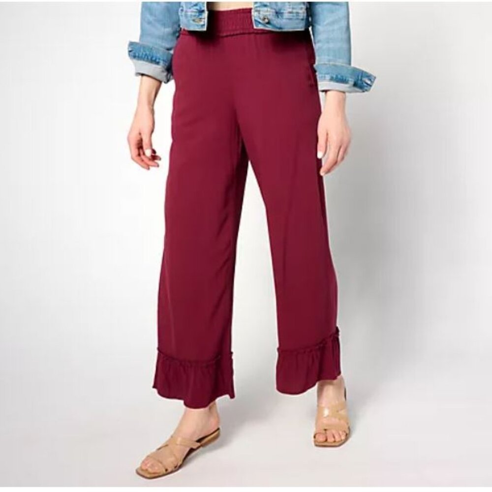 Denim & Co. Beach Regular Woven Crepe Ruffled Hem Beach Pant Wine-Medium